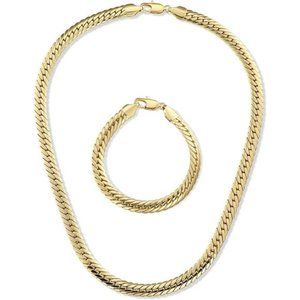 18K Yellow Gold Plated Cuban Link Necklace and Bracelet Set for Women
